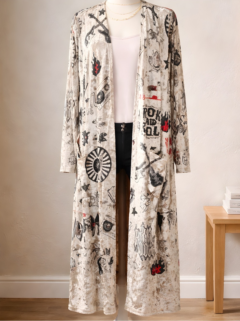 New Origami by Vivian Rock & Roll Graphic Long Sleeve Velvet Kimono S/M